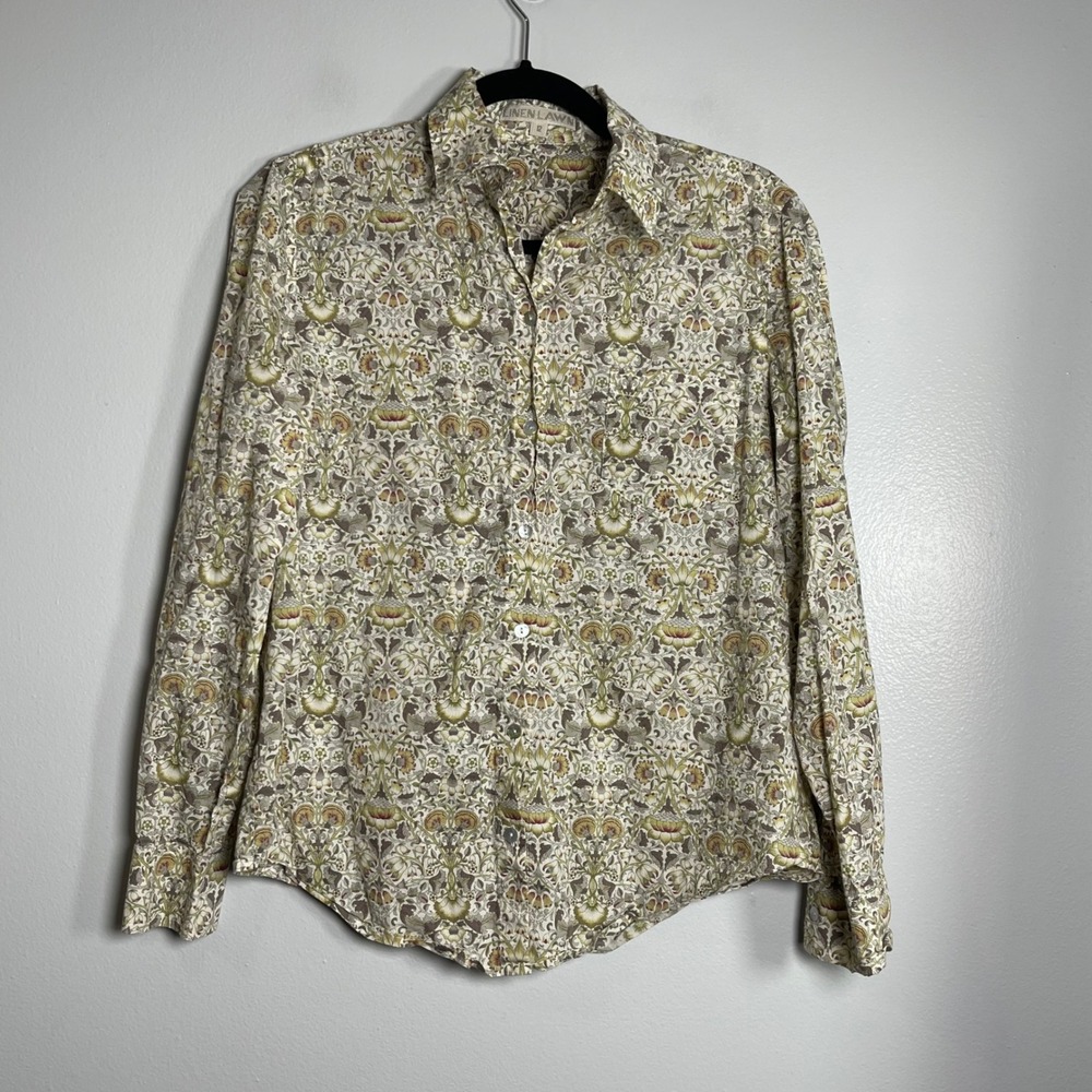 LINEN LAWN Floral Print Button Up Shirt Long‎ Sleeve Size 12 Neutral Boho Garden